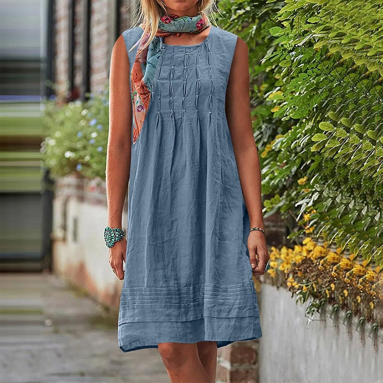 Womens Cotton Linen Casual Dresses Summer Sleeveless Crewneck Pleated Midi Dress 2025 Trendy Loose Beach Sundress