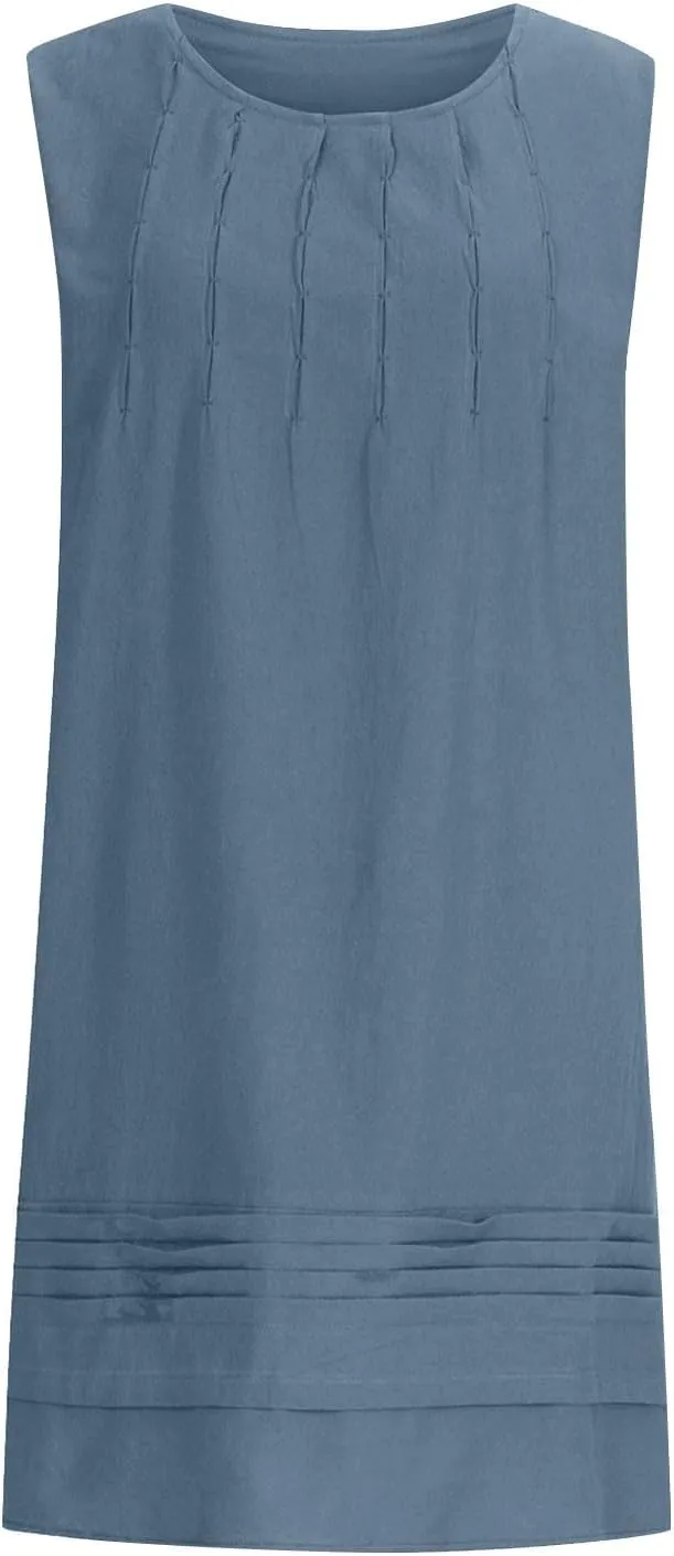 Womens Cotton Linen Casual Dresses Summer Sleeveless Crewneck Pleated Midi Dress 2025 Trendy Loose Beach Sundress