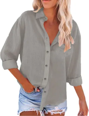 Women's Cotton Linen Henley Shirts Women's Spring Autumn Casual Double Pocket Short Loose Fit Fashion Trendy Clothes