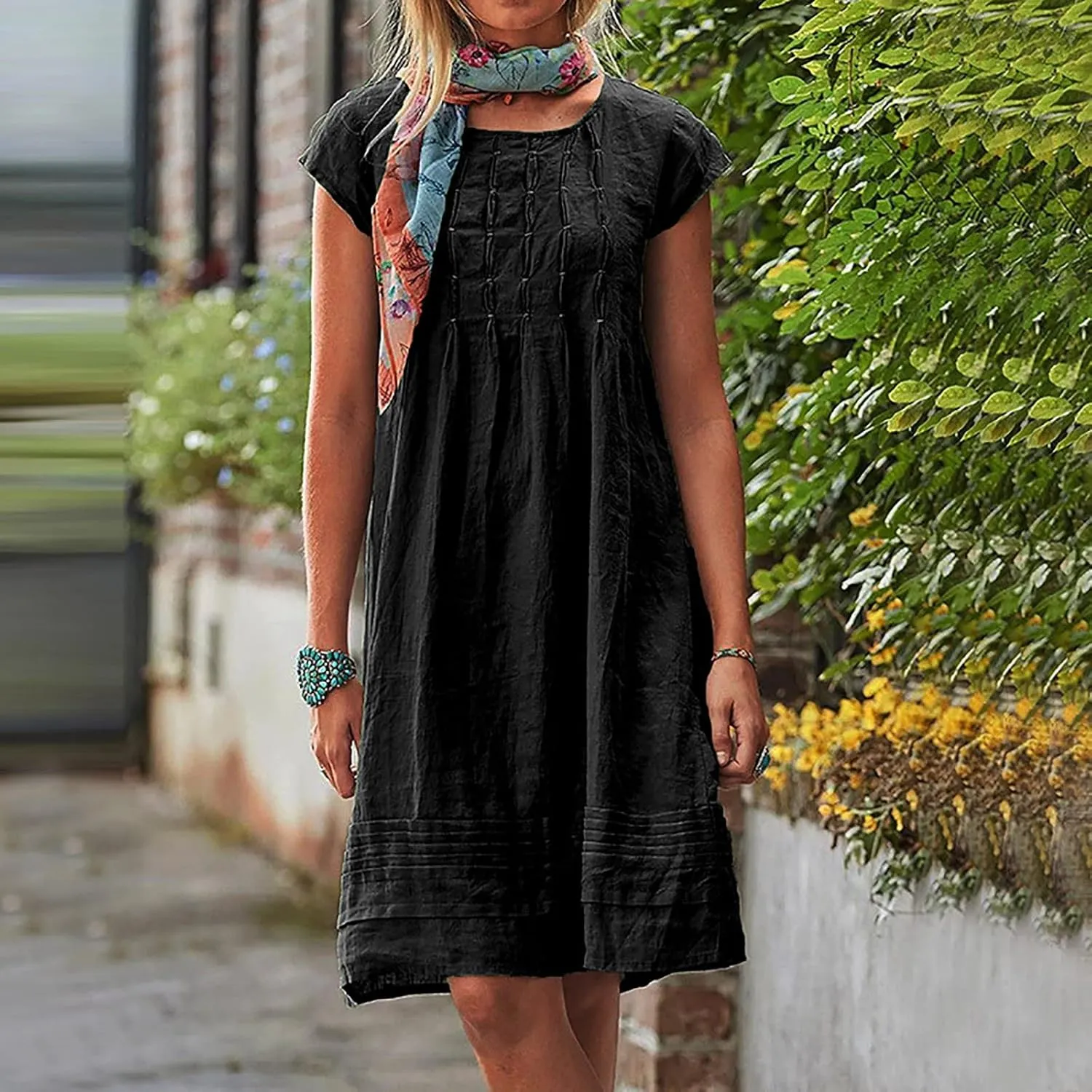 Women's Cotton Linen Midi Dress Plus Size Cap Sleeve Pleated Summer Dresses Vacation Crew Neck Casual Dress