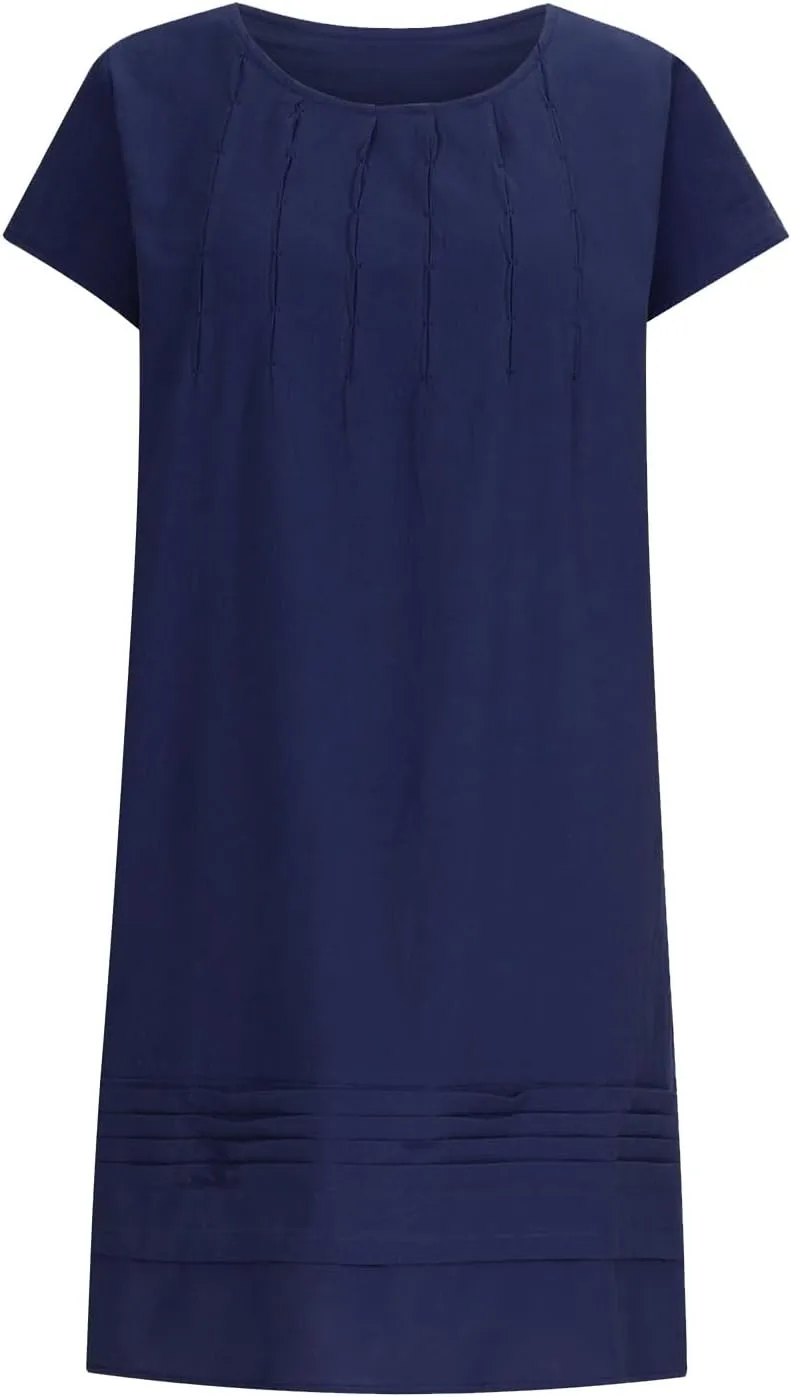 Women's Cotton Linen Midi Dress Plus Size Cap Sleeve Pleated Summer Dresses Vacation Crew Neck Casual Dress