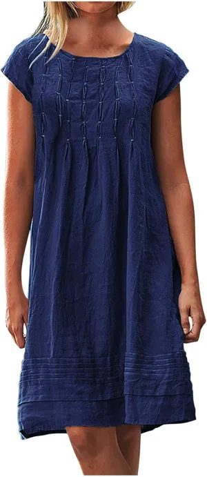 Women's Cotton Linen Midi Dress Plus Size Cap Sleeve Pleated Summer Dresses Vacation Crew Neck Casual Dress