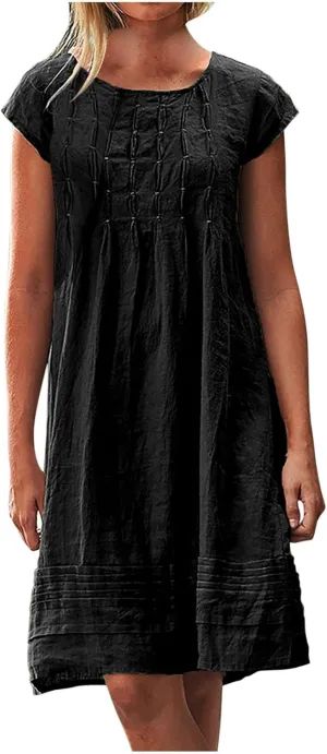 Women's Cotton Linen Midi Dress Plus Size Cap Sleeve Pleated Summer Dresses Vacation Crew Neck Casual Dress