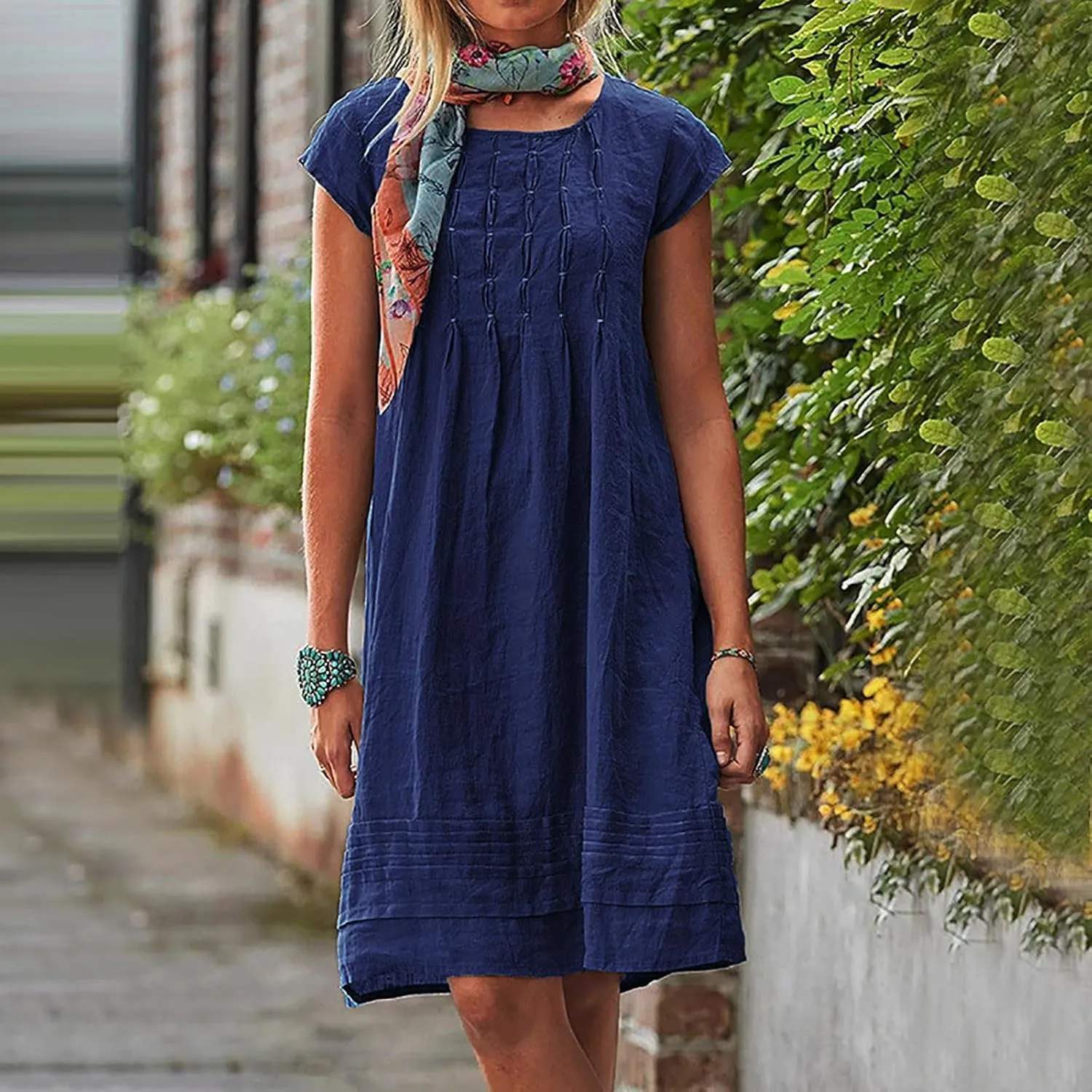 Women's Cotton Linen Midi Dress Plus Size Cap Sleeve Pleated Summer Dresses Vacation Crew Neck Casual Dress