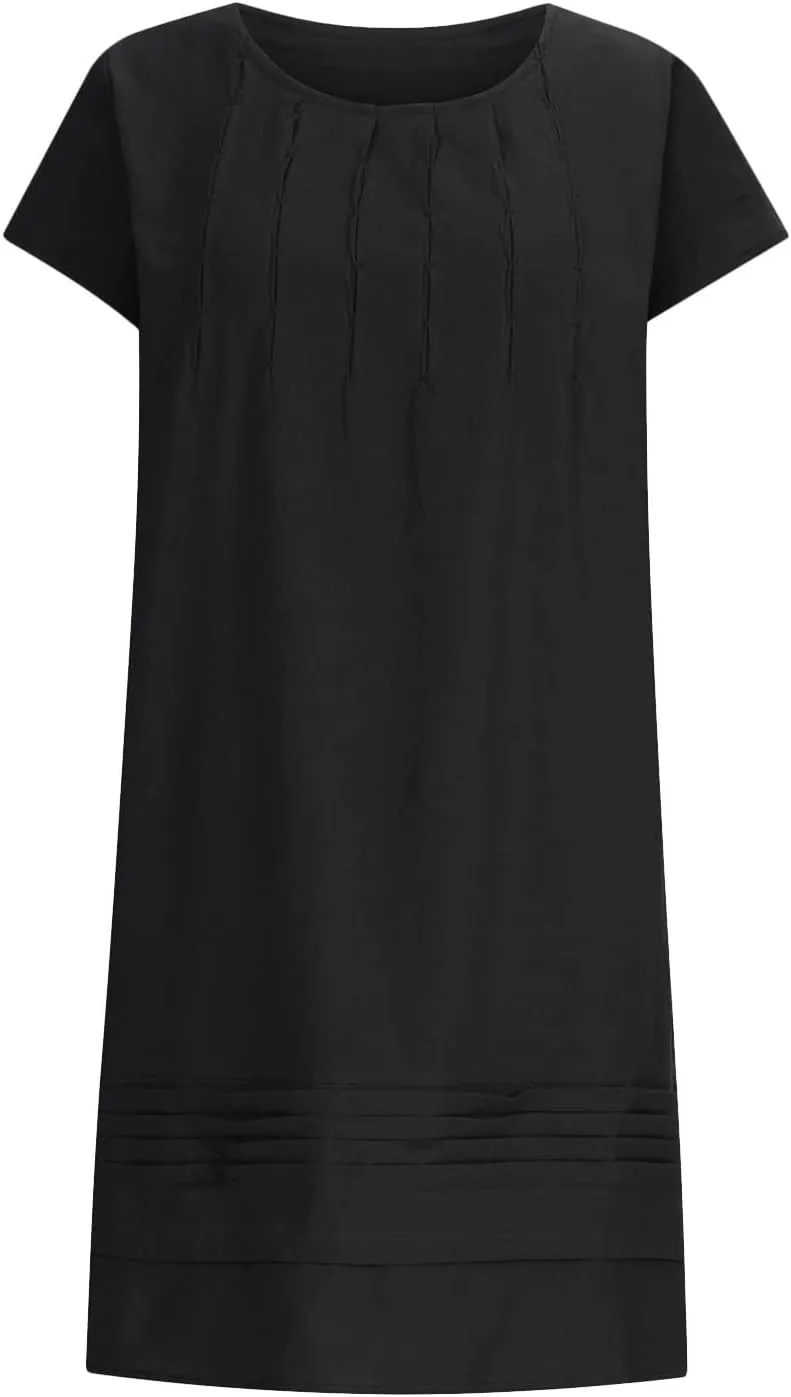 Women's Cotton Linen Midi Dress Plus Size Cap Sleeve Pleated Summer Dresses Vacation Crew Neck Casual Dress