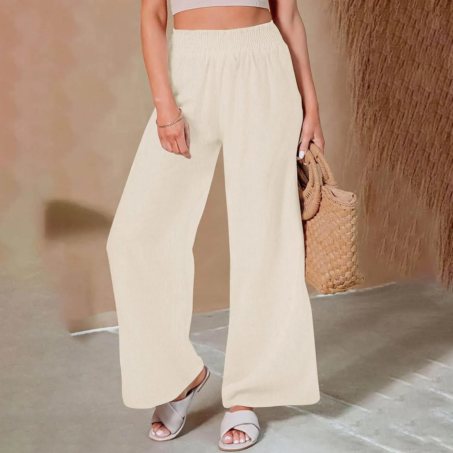 Womens Cotton Linen Palazzo Pants Plus Size High Waist Trousers Fashion Stretchy Wide Leg Pant Straight Pockets Pants