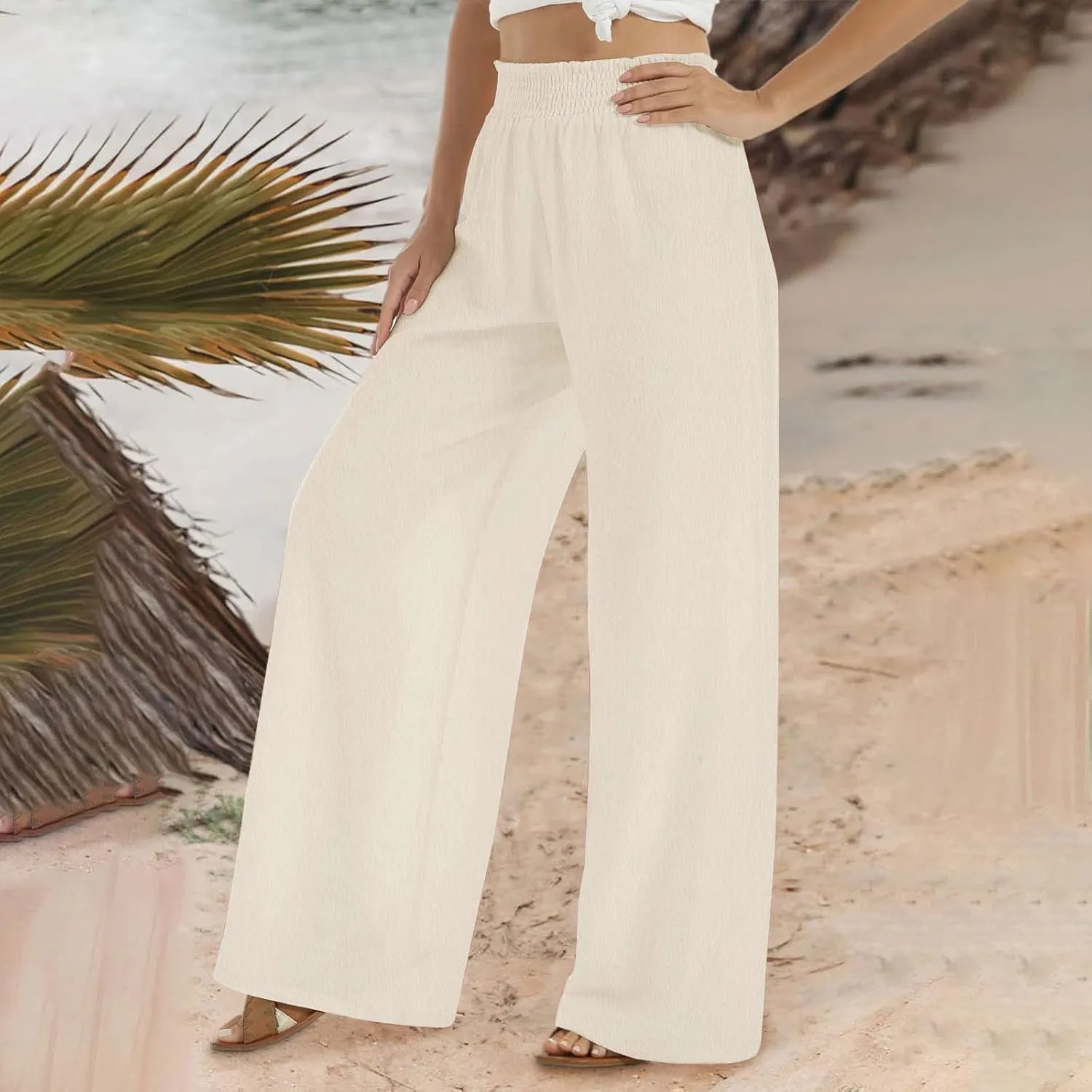 Womens Cotton Linen Palazzo Pants Plus Size High Waist Trousers Fashion Stretchy Wide Leg Pant Straight Pockets Pants