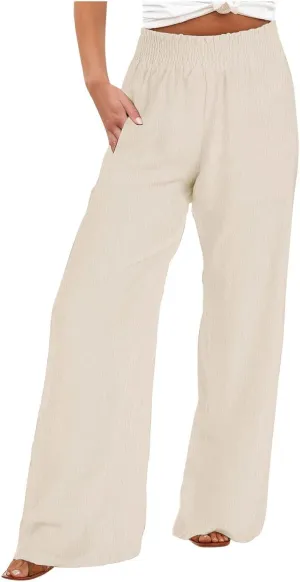 Womens Cotton Linen Palazzo Pants Plus Size High Waist Trousers Fashion Stretchy Wide Leg Pant Straight Pockets Pants