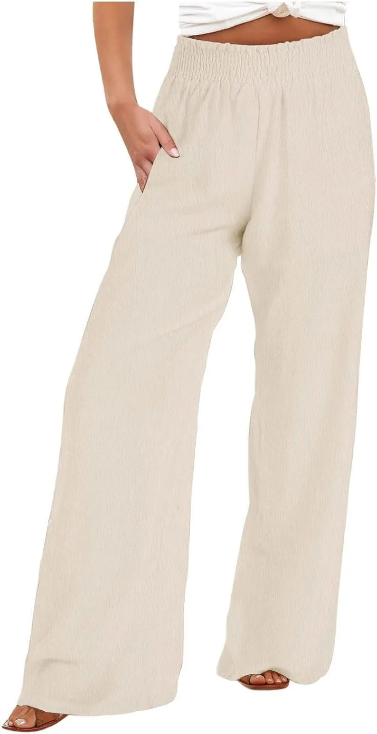 Womens Cotton Linen Palazzo Pants Plus Size High Waist Trousers Fashion Stretchy Wide Leg Pant Straight Pockets Pants