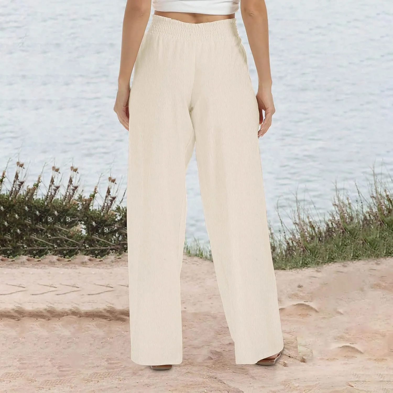 Womens Cotton Linen Palazzo Pants Plus Size High Waist Trousers Fashion Stretchy Wide Leg Pant Straight Pockets Pants