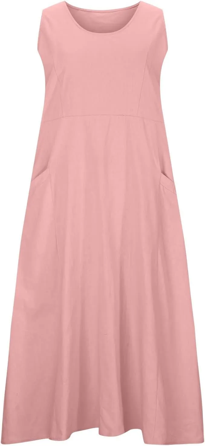 Womens Cotton Linen Sleeveless Maxi Dress Summer Flowy Dresses with Pockets Maxi Sundresses Beach Vacation Outfits