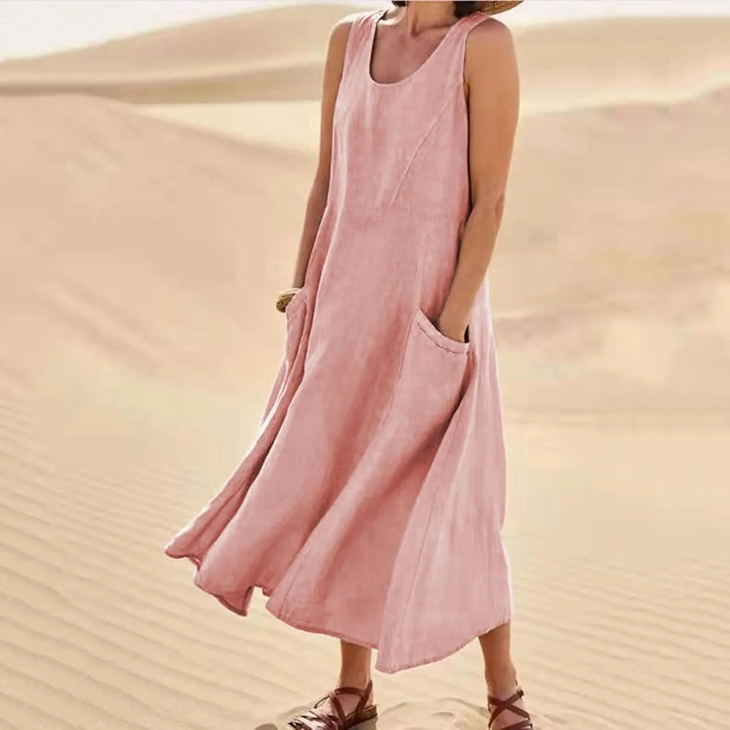 Womens Cotton Linen Sleeveless Maxi Dress Summer Flowy Dresses with Pockets Maxi Sundresses Beach Vacation Outfits
