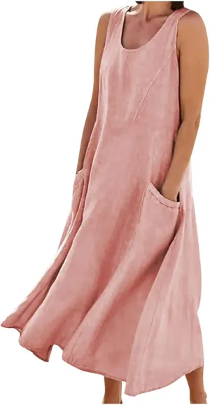Womens Cotton Linen Sleeveless Maxi Dress Summer Flowy Dresses with Pockets Maxi Sundresses Beach Vacation Outfits