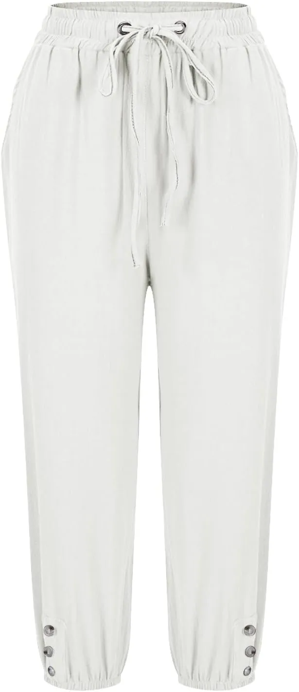 Women's Cotton Linen Straight Leg Pants Elastic Drawstring Casual Trousers with Pockets Summer Beach Lounge Pants