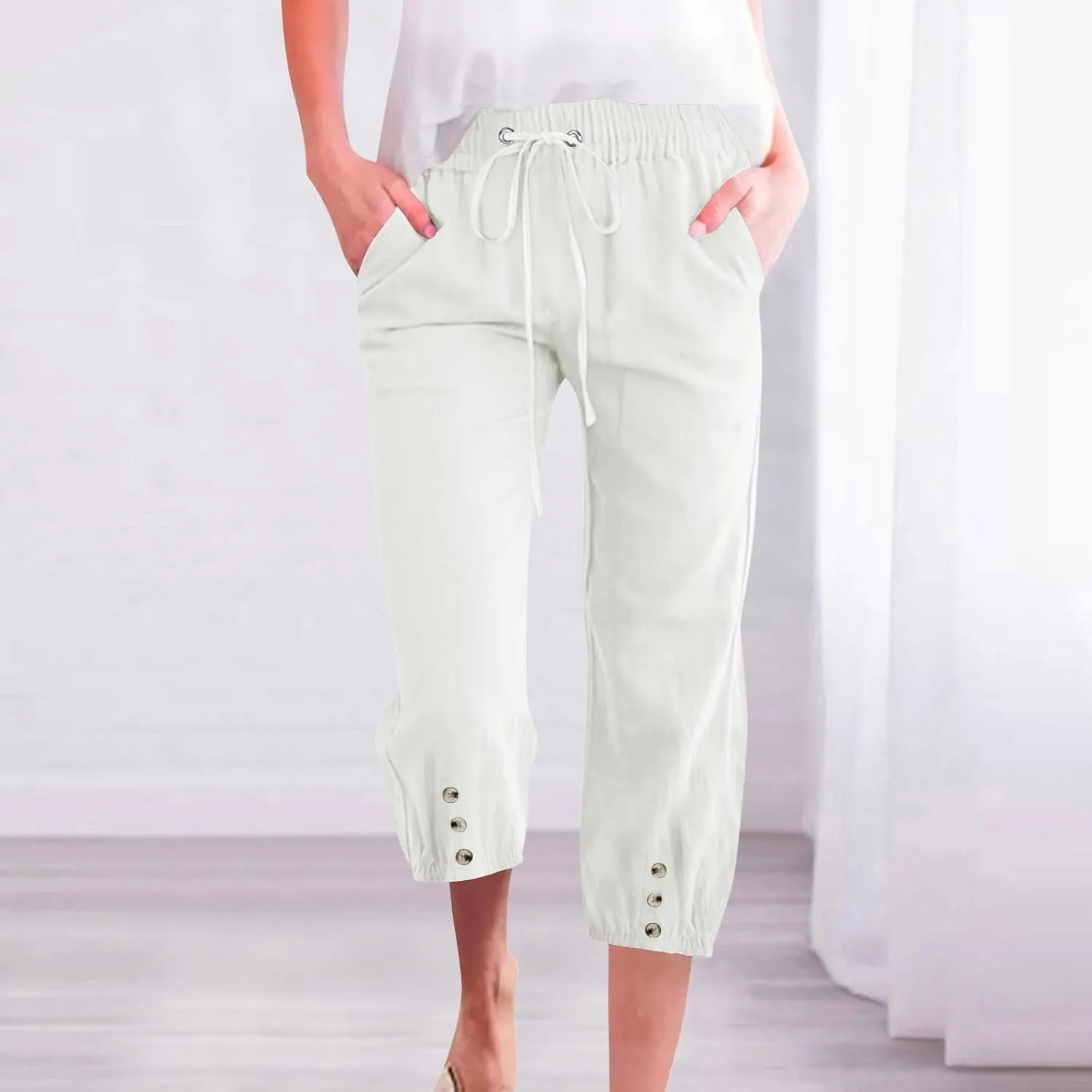 Women's Cotton Linen Straight Leg Pants Elastic Drawstring Casual Trousers with Pockets Summer Beach Lounge Pants