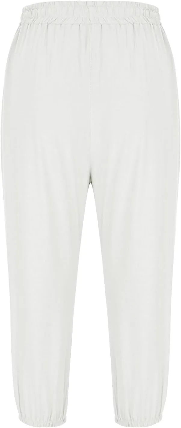 Women's Cotton Linen Straight Leg Pants Elastic Drawstring Casual Trousers with Pockets Summer Beach Lounge Pants