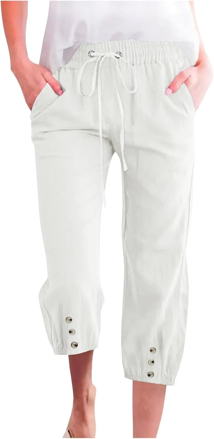 Women's Cotton Linen Straight Leg Pants Elastic Drawstring Casual Trousers with Pockets Summer Beach Lounge Pants