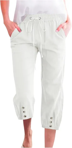 Women's Cotton Linen Straight Leg Pants Elastic Drawstring Casual Trousers with Pockets Summer Beach Lounge Pants