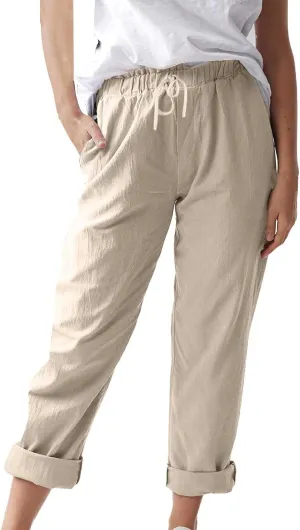 Womens Cotton Linen Straight Leg Pants Summer Drawstring Elastic High Waist Pants Casual Trousers with Pockets