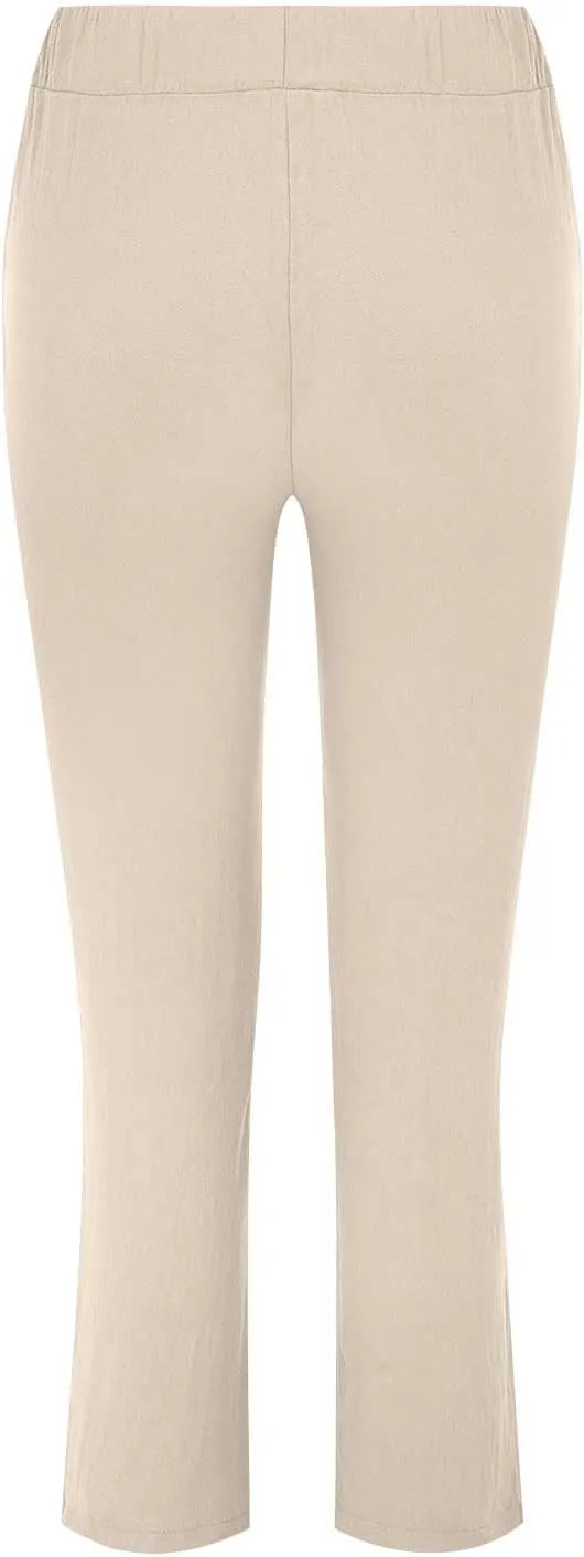 Womens Cotton Linen Straight Leg Pants Summer Drawstring Elastic High Waist Pants Casual Trousers with Pockets