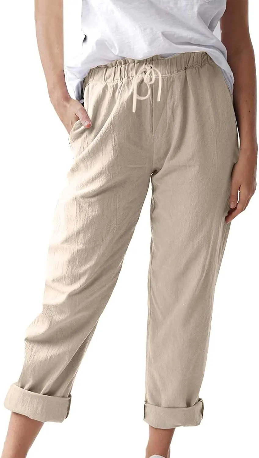 Womens Cotton Linen Straight Leg Pants Summer Drawstring Elastic High Waist Pants Casual Trousers with Pockets