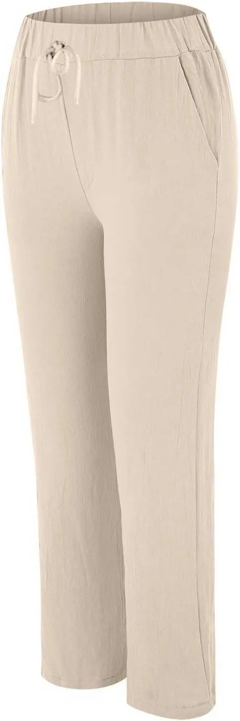 Womens Cotton Linen Straight Leg Pants Summer Drawstring Elastic High Waist Pants Casual Trousers with Pockets