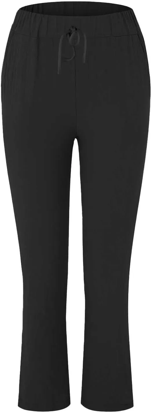 Womens Cotton Linen Straight Leg Pants Summer Drawstring Elastic High Waist Pants Casual Trousers with Pockets