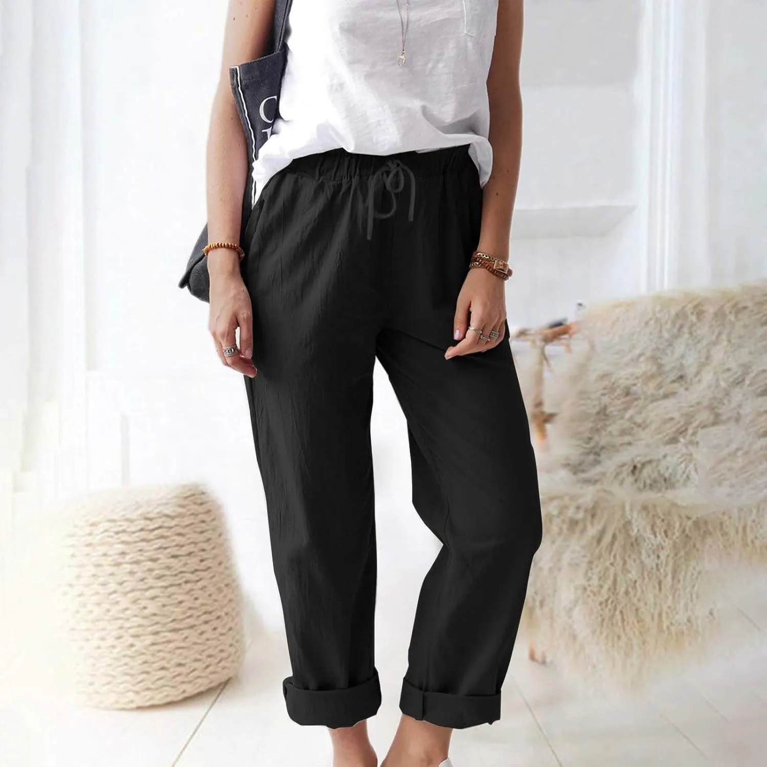 Womens Cotton Linen Straight Leg Pants Summer Drawstring Elastic High Waist Pants Casual Trousers with Pockets
