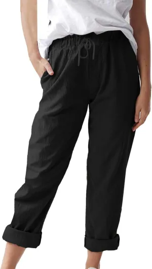 Womens Cotton Linen Straight Leg Pants Summer Drawstring Elastic High Waist Pants Casual Trousers with Pockets