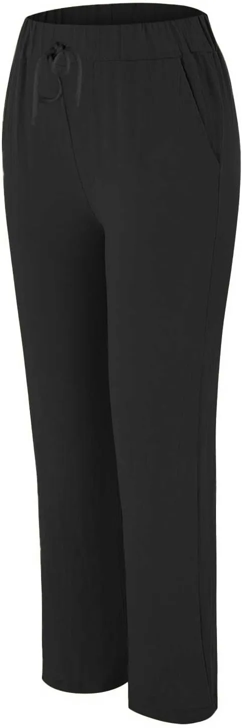 Womens Cotton Linen Straight Leg Pants Summer Drawstring Elastic High Waist Pants Casual Trousers with Pockets