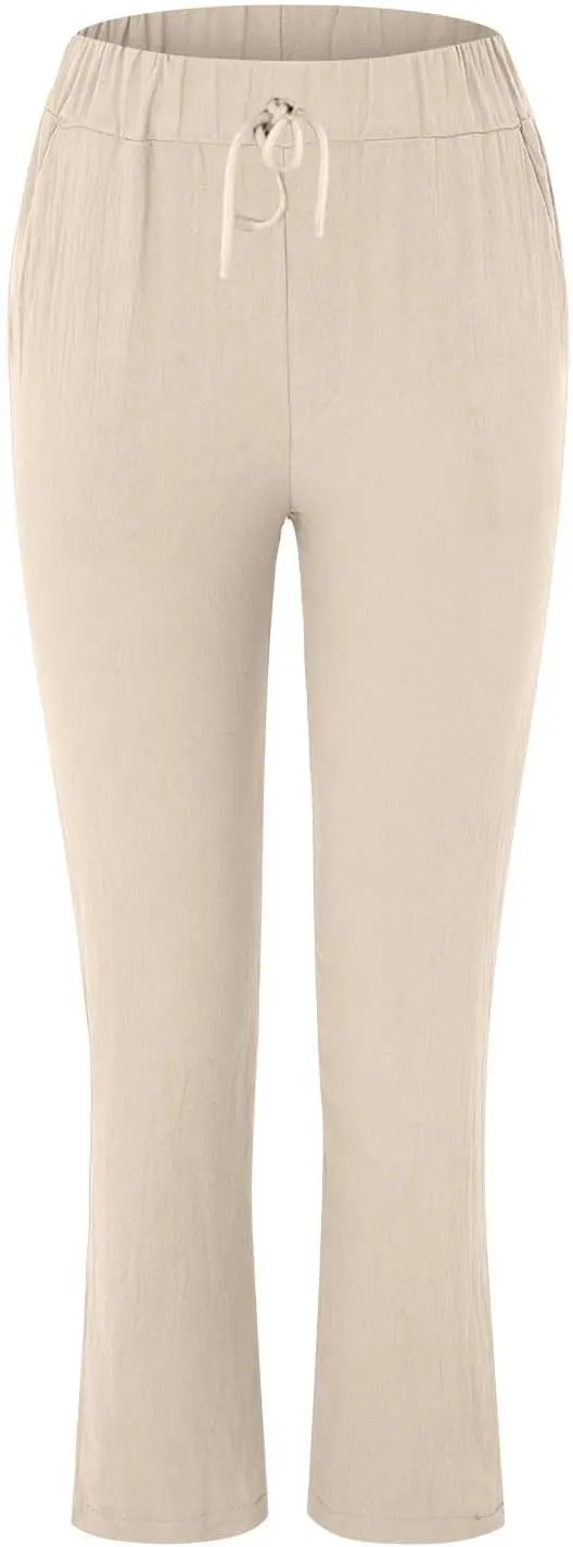 Womens Cotton Linen Straight Leg Pants Summer Drawstring Elastic High Waist Pants Casual Trousers with Pockets