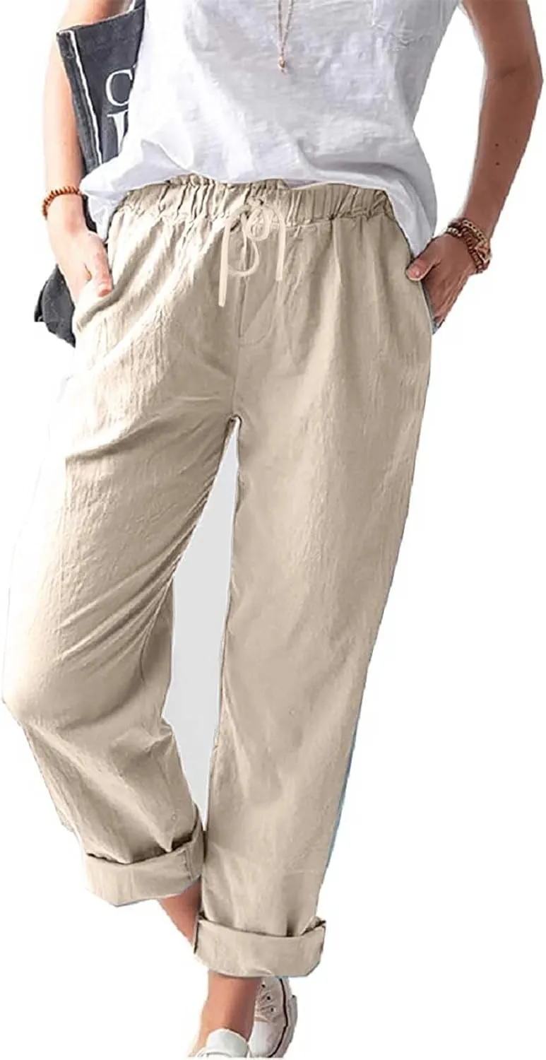 Womens Cotton Linen Straight Leg Pants Summer Drawstring Elastic High Waist Pants Casual Trousers with Pockets