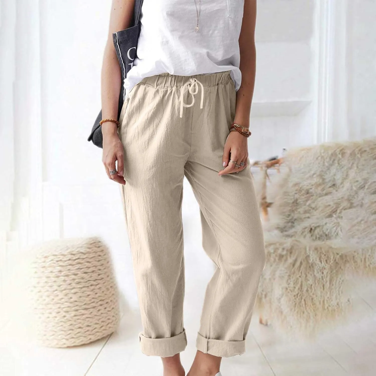 Womens Cotton Linen Straight Leg Pants Summer Drawstring Elastic High Waist Pants Casual Trousers with Pockets