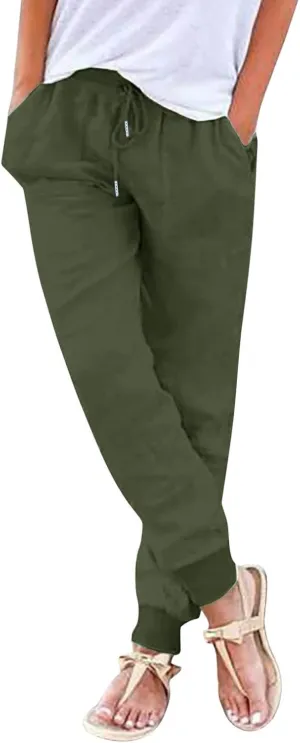 Women's Cotton Linen Summer Boho Palazzo Lounge Pants Elastic Waist Baggy Stretchy Slim Fit Trouser Vacation