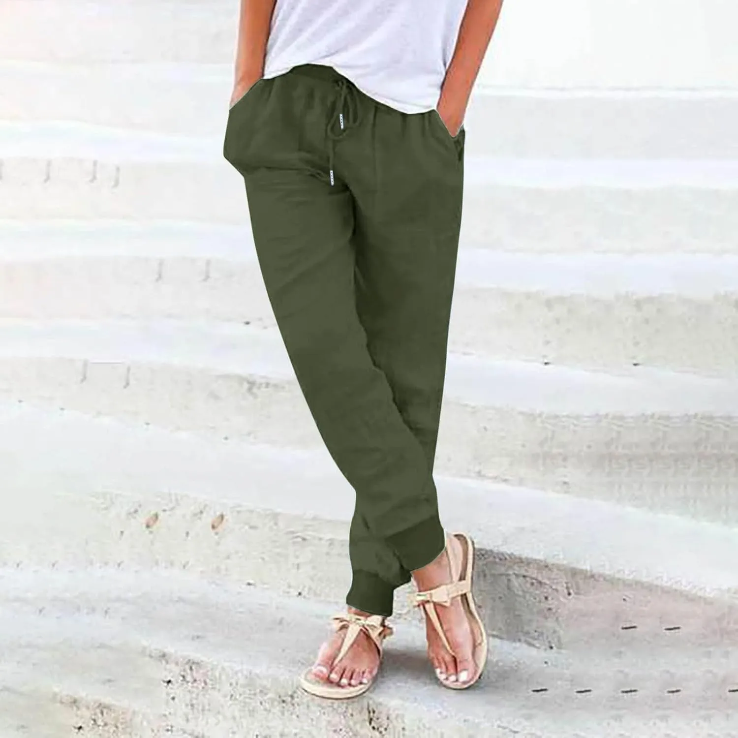 Women's Cotton Linen Summer Boho Palazzo Lounge Pants Elastic Waist Baggy Stretchy Slim Fit Trouser Vacation