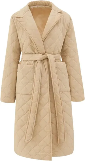Women's Cotton-Padded Coat Lapel Loose Quilting Sashes Long Sleeve Pockets Parka Jackets yellow XL