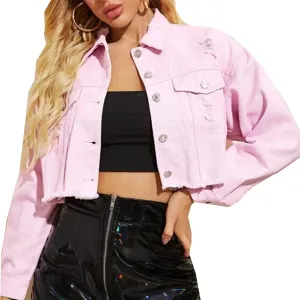Women's Cropped Denim Jacket Long Sleeve Button Down Basic Classic Jean Jacket