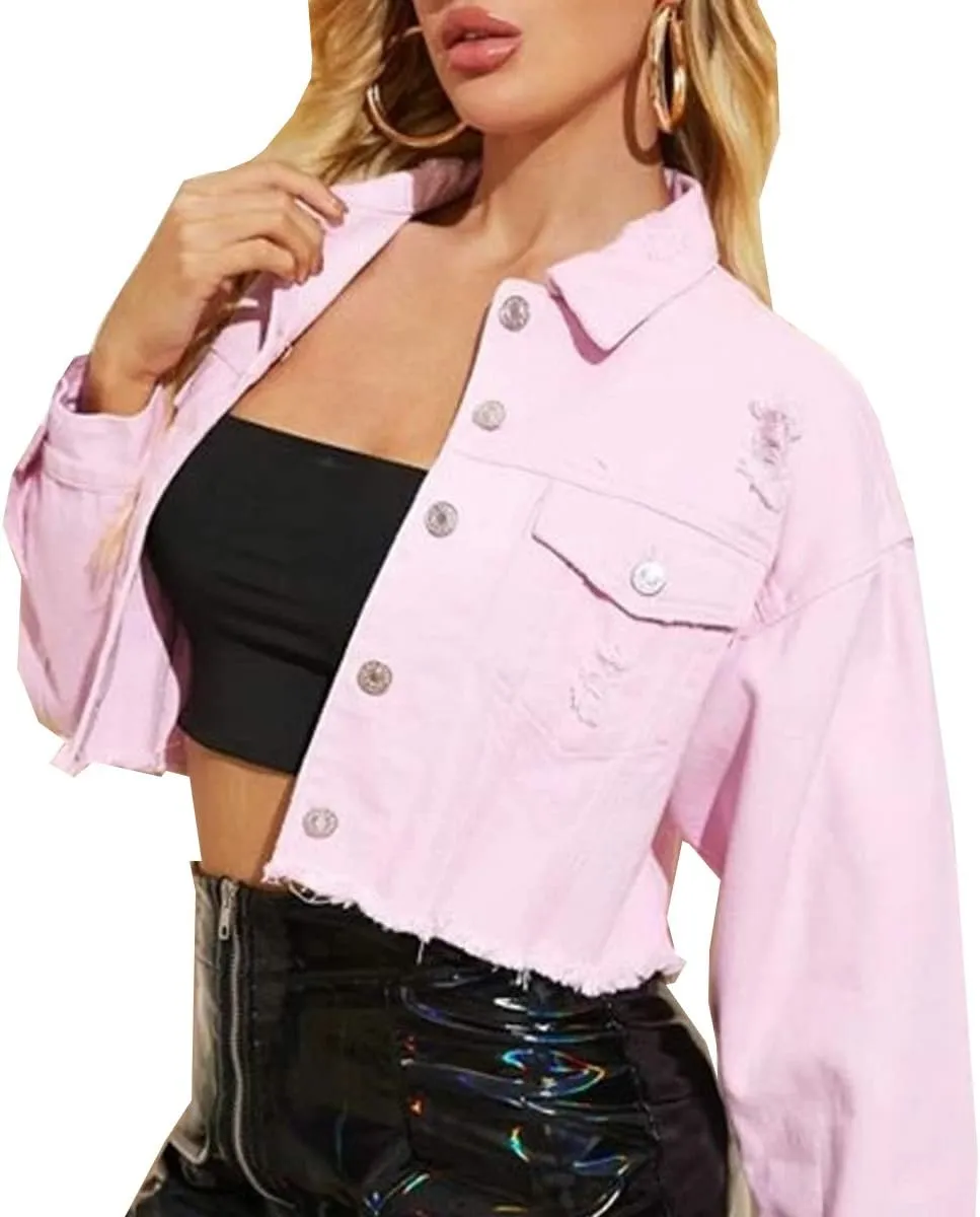 Women's Cropped Denim Jacket Long Sleeve Button Down Basic Classic Jean Jacket