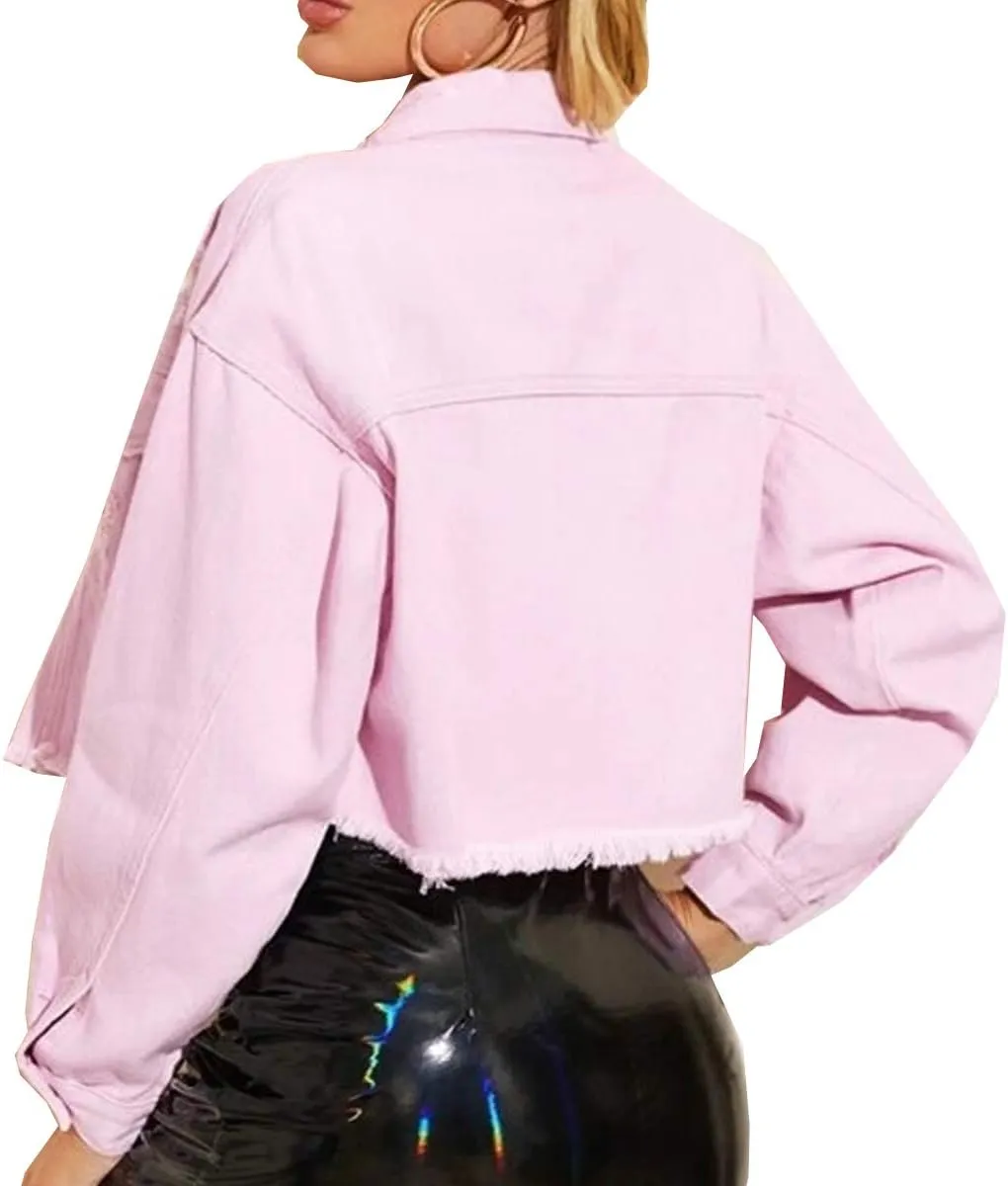 Women's Cropped Denim Jacket Long Sleeve Button Down Basic Classic Jean Jacket