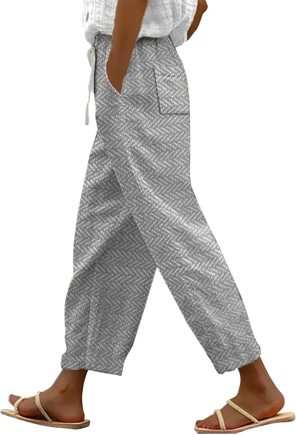Women's Cropped Linen Capris with Pockets, Adjustable Waist Wide-Leg Trousers Beach Vacations Casual Outdoor