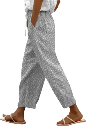 Women's Cropped Linen Capris with Pockets, Adjustable Waist Wide-Leg Trousers Beach Vacations Casual Outdoor