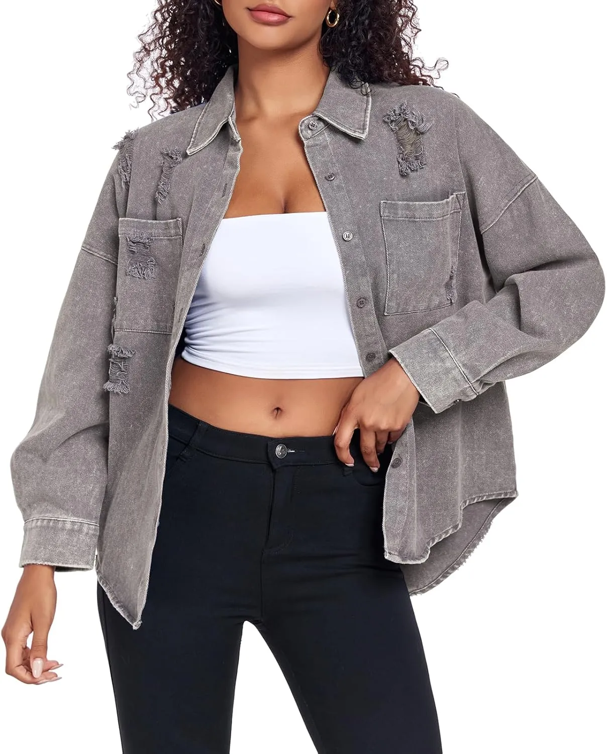 Womens Denim Jacket Oversized Button Down Jean Jacket Boyfriend Ripped Washed Jean Jackets Coat with Pockets