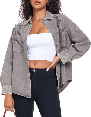 Womens Denim Jacket Oversized Button Down Jean Jacket Boyfriend Ripped Washed Jean Jackets Coat with Pockets