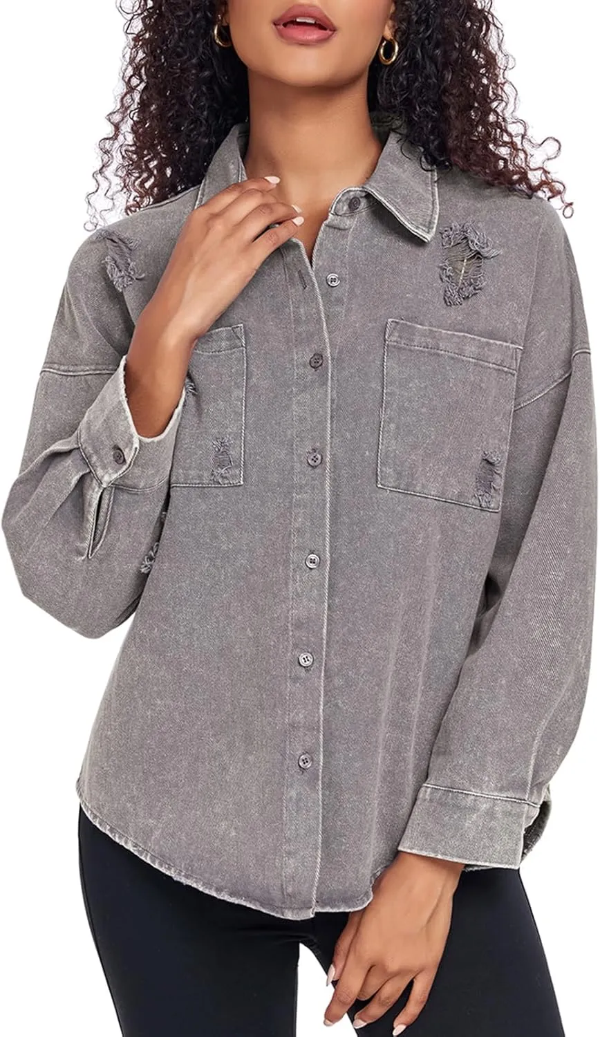 Womens Denim Jacket Oversized Button Down Jean Jacket Boyfriend Ripped Washed Jean Jackets Coat with Pockets