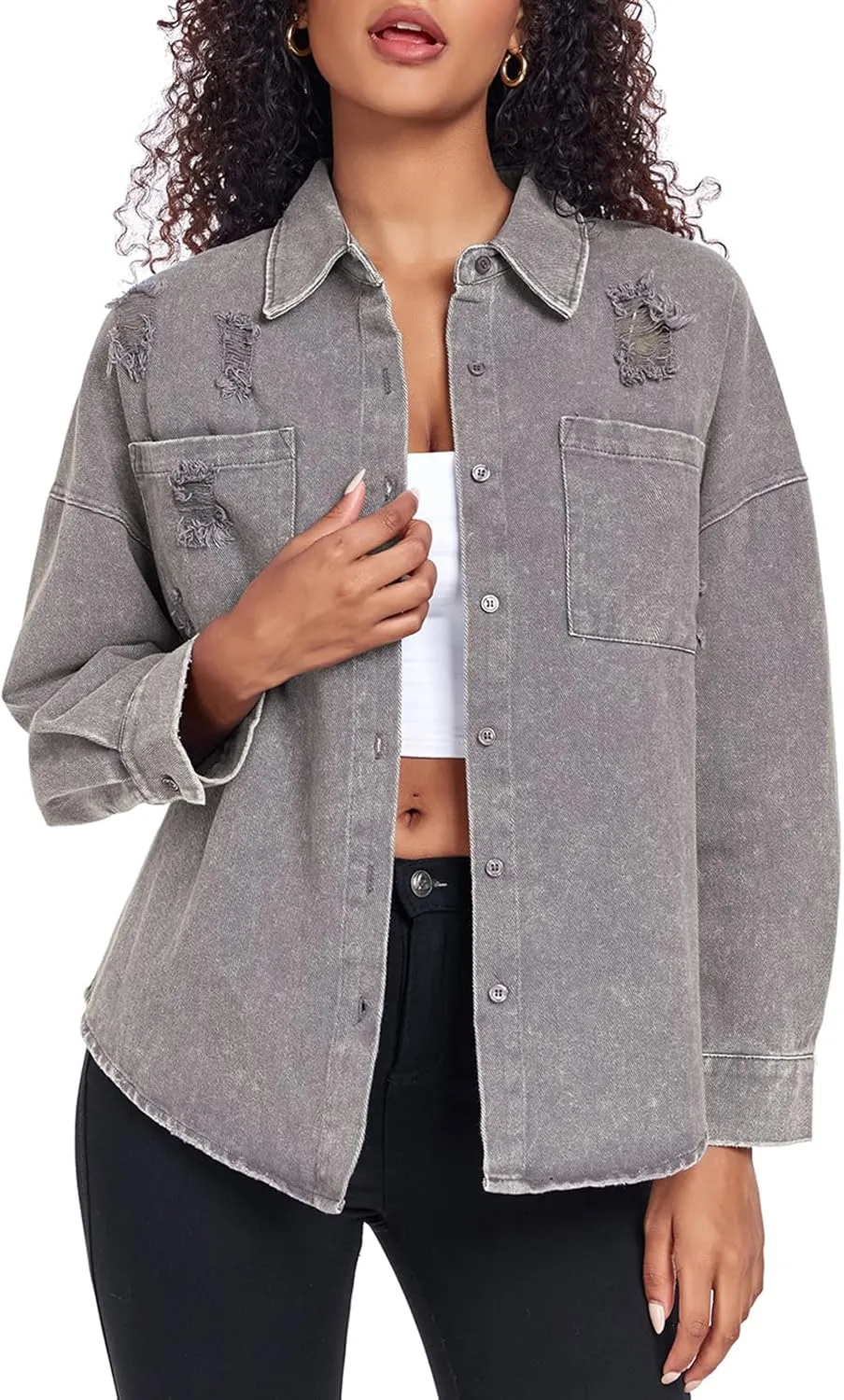 Womens Denim Jacket Oversized Button Down Jean Jacket Boyfriend Ripped Washed Jean Jackets Coat with Pockets
