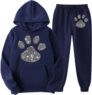 Women's Dog Paw Love Heart Rhinestone Graphic Oversized Sweatsuits Long Sleeve Hoodies Jogger Pants 2 Piece Outfits