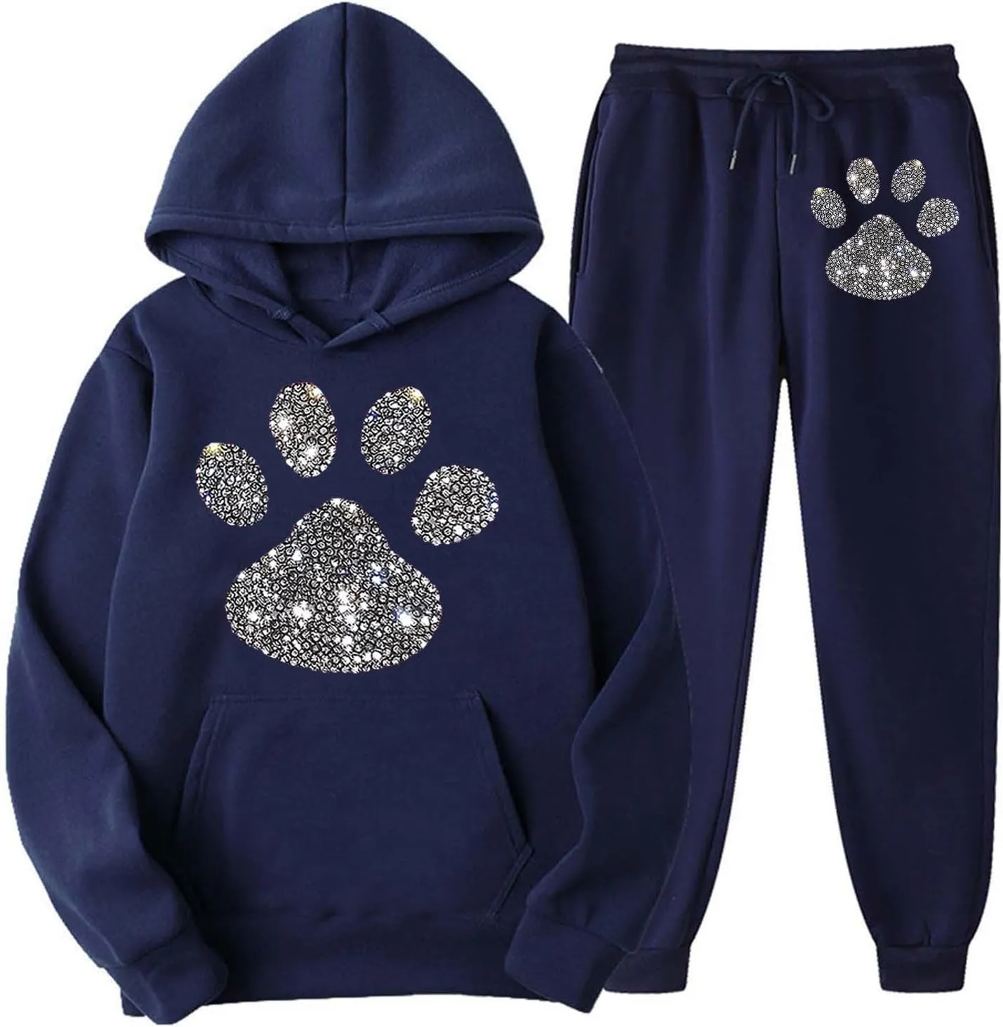 Women's Dog Paw Love Heart Rhinestone Graphic Oversized Sweatsuits Long Sleeve Hoodies Jogger Pants 2 Piece Outfits
