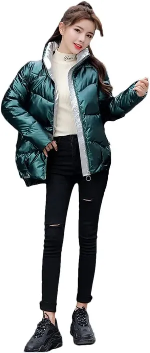Women's Down Jacket Glossy Loose Cotton Padded Coat Stand Collar