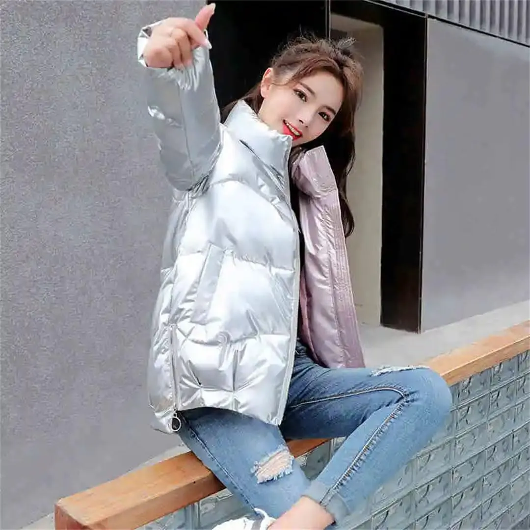 Women's Down Jacket Glossy Loose Cotton Padded Coat Stand Collar