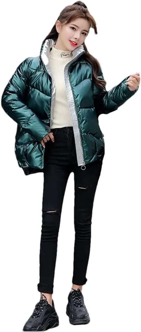 Women's Down Jacket Glossy Loose Cotton Padded Coat Stand Collar